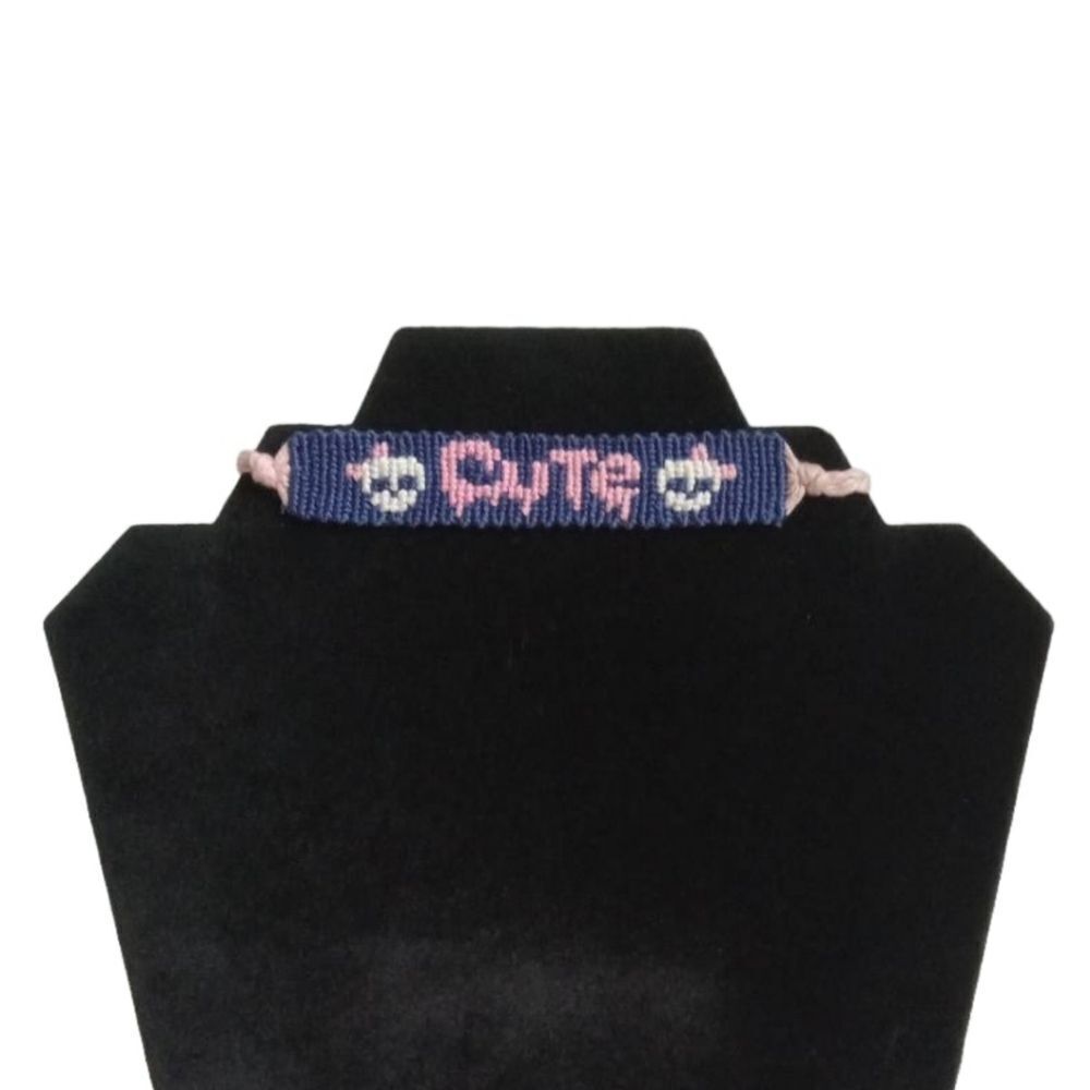Handmade Blue and Pink Adjustable Sliding Knot Cute Skull Motif Alpha Bracelet
